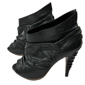 All Saints Jacks Place Shri Pleated Black Leather Peep Toe Stiletto Ankle 6
